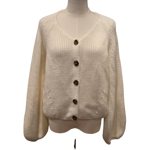 HYFVE Cream Button V-Neck Balloon Sleeve Open Knit Cardigan Sweater Womens Large - Picture 2 of 9
